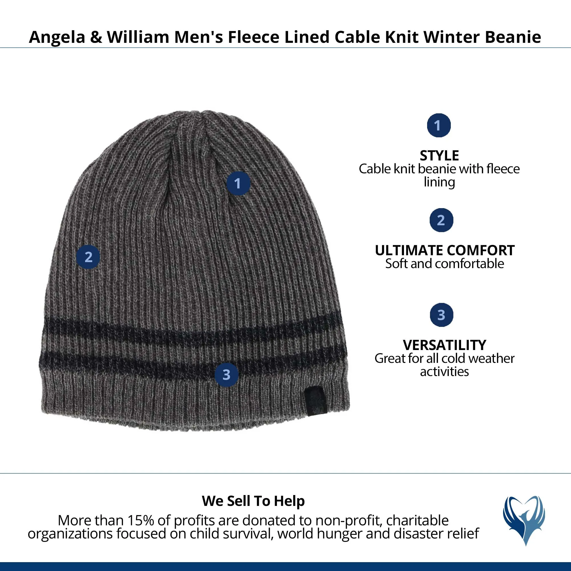 Angela & William Men's Fleece Lined Cable Knit Winter Beanie