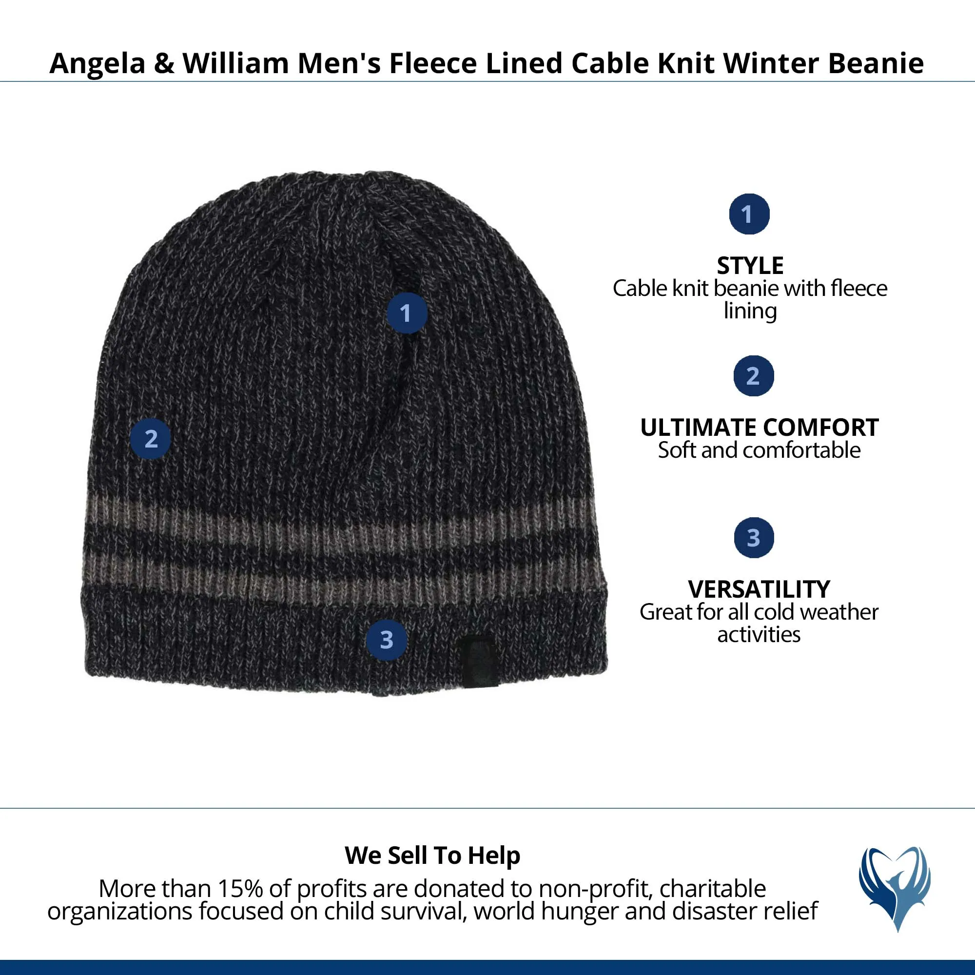Angela & William Men's Fleece Lined Cable Knit Winter Beanie