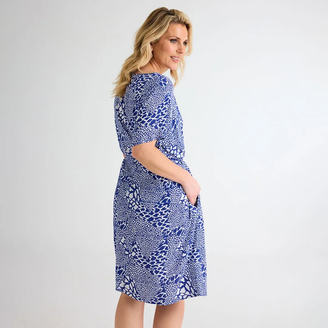 Blue Giraffe Print Crinkle Dress