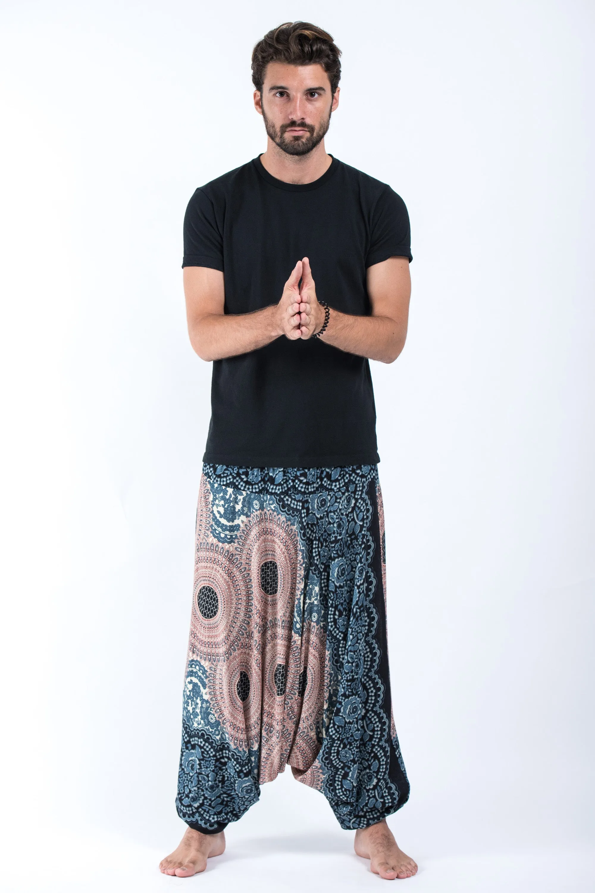 Geometric Mandalas Drop Crotch Men's Harem Pants in Silver Gray