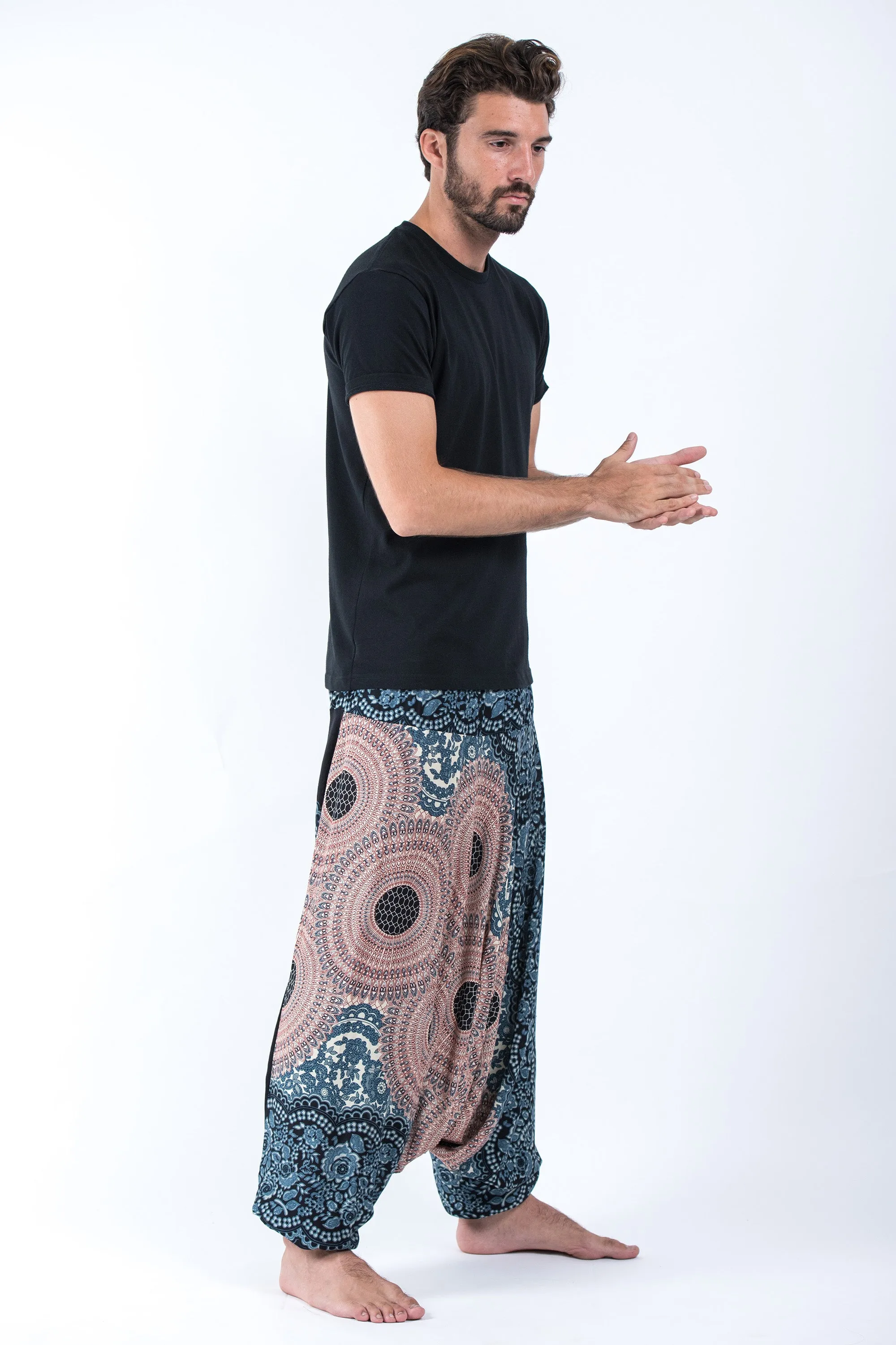 Geometric Mandalas Drop Crotch Men's Harem Pants in Silver Gray