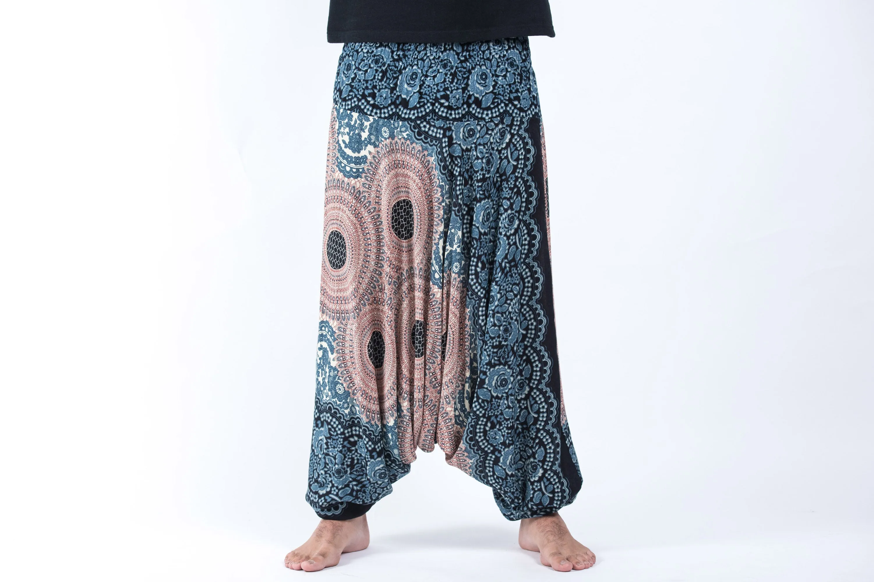 Geometric Mandalas Drop Crotch Men's Harem Pants in Silver Gray
