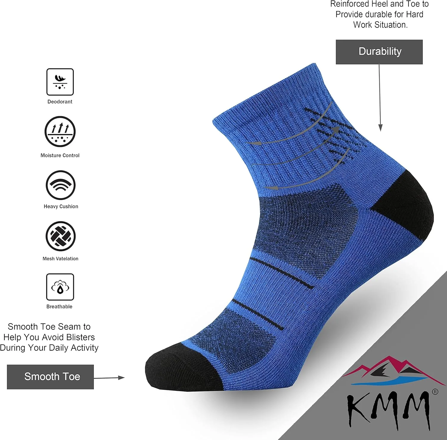 KMM Men's Merino Wool Low Cut Ankle Socks Lightweight Quarter Cushion Anti Blisters Outdoor Hiking Hike Cycling Trail Running