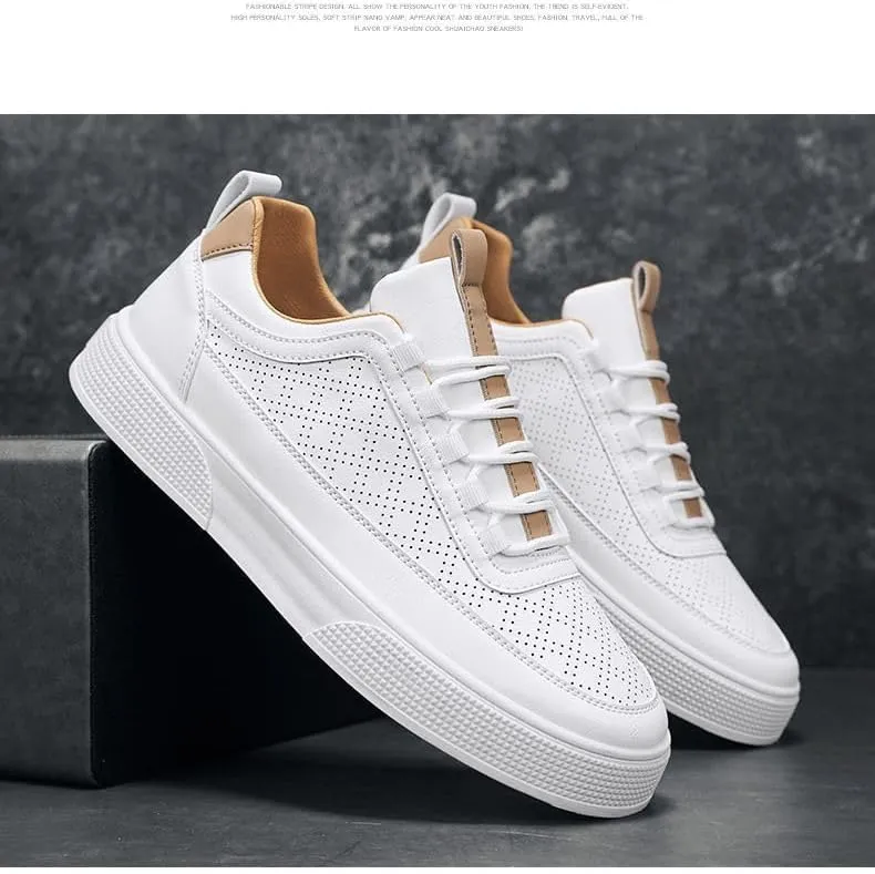 Men's White Breathable Casual Sneakers - Thick Sole Low-Top Shoes with Mesh Ventilation & Contrast Stitching for Urban Comfort