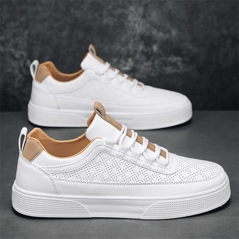 Men's White Breathable Casual Sneakers - Thick Sole Low-Top Shoes with Mesh Ventilation & Contrast Stitching for Urban Comfort