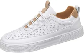 Men's White Breathable Casual Sneakers - Thick Sole Low-Top Shoes with Mesh Ventilation & Contrast Stitching for Urban Comfort