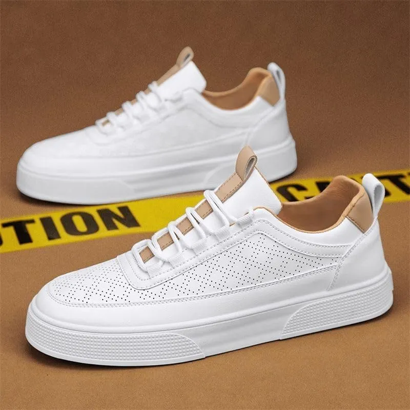 Men's White Breathable Casual Sneakers - Thick Sole Low-Top Shoes with Mesh Ventilation & Contrast Stitching for Urban Comfort