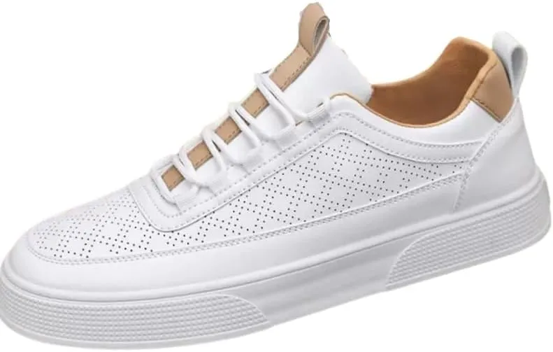 Men's White Breathable Casual Sneakers - Thick Sole Low-Top Shoes with Mesh Ventilation & Contrast Stitching for Urban Comfort
