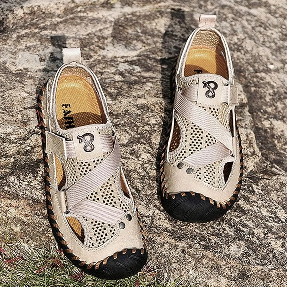 QINGCOMFACAI Mens Summer Casual Closed Toe Leather Handmade Sandals Outdoor Fisherman Beach Shoes For Outdoor Walking Driving