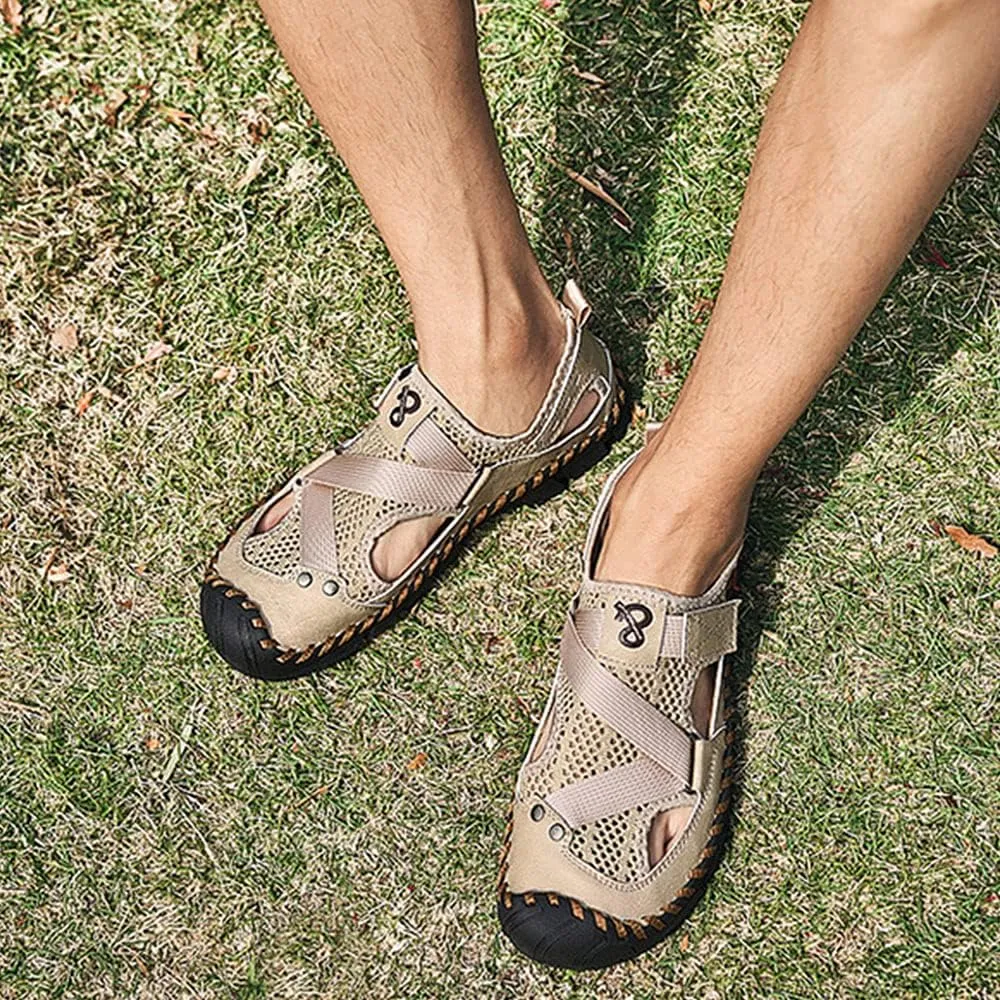 QINGCOMFACAI Mens Summer Casual Closed Toe Leather Handmade Sandals Outdoor Fisherman Beach Shoes For Outdoor Walking Driving