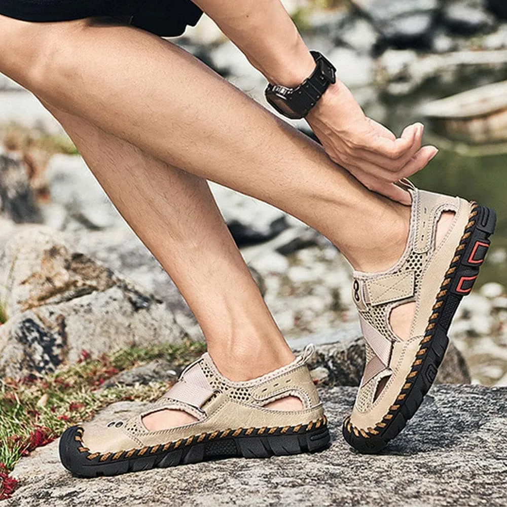 QINGCOMFACAI Mens Summer Casual Closed Toe Leather Handmade Sandals Outdoor Fisherman Beach Shoes For Outdoor Walking Driving