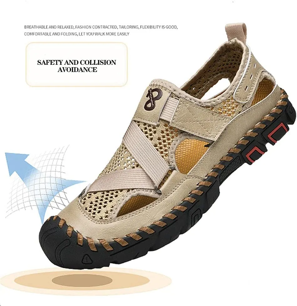 QINGCOMFACAI Mens Summer Casual Closed Toe Leather Handmade Sandals Outdoor Fisherman Beach Shoes For Outdoor Walking Driving