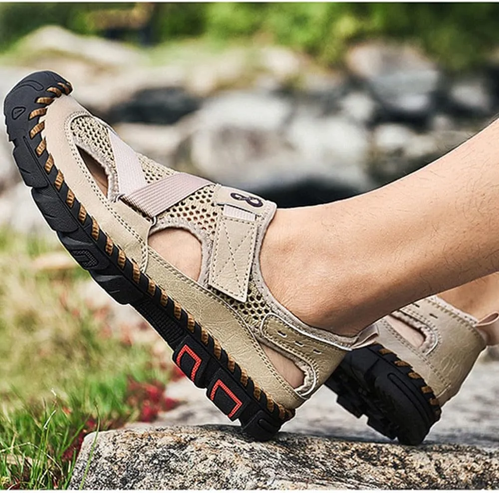 QINGCOMFACAI Mens Summer Casual Closed Toe Leather Handmade Sandals Outdoor Fisherman Beach Shoes For Outdoor Walking Driving