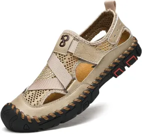 QINGCOMFACAI Mens Summer Casual Closed Toe Leather Handmade Sandals Outdoor Fisherman Beach Shoes For Outdoor Walking Driving
