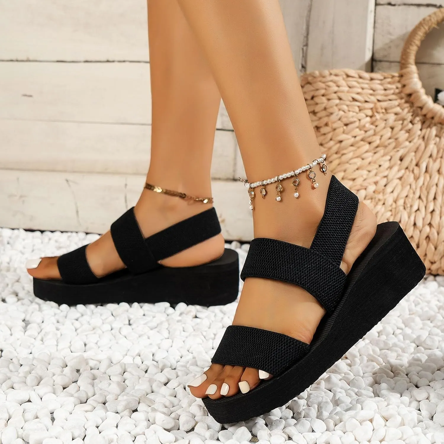 Sandals Women Fashion Strappy Soft Cushion Platform Wedge Sandals Casual Summer Beach Outdoor Black Womens Sandals