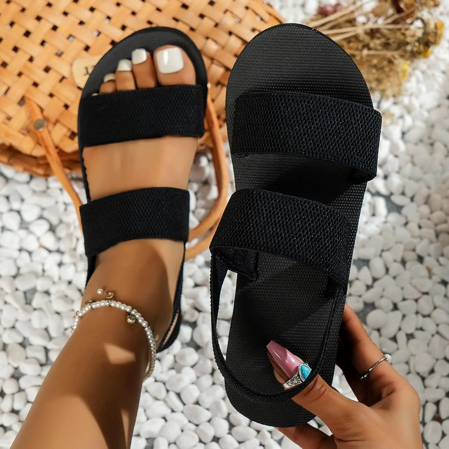 Sandals Women Fashion Strappy Soft Cushion Platform Wedge Sandals Casual Summer Beach Outdoor Black Womens Sandals